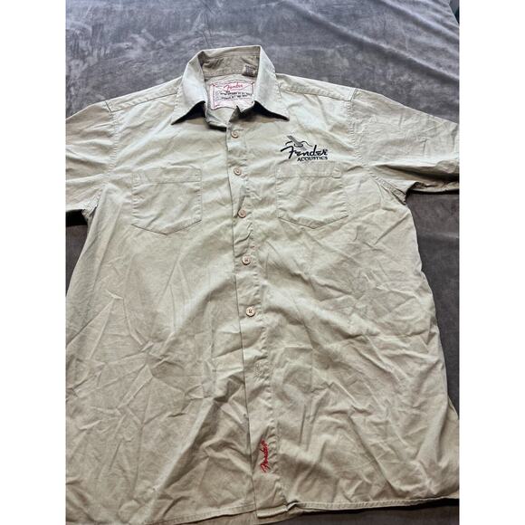 Fender Acoustics Short Sleeve Tan Button Up shirt Embroidered Medium - Picture 1 of 9